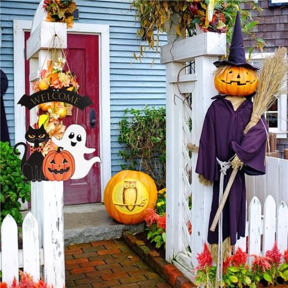 Wooden Ghost Door Wreath for Front Door Sign Wall Signs Hanging Wall Decor - Picture 2 of 8